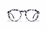 Image of Cheeterz Club eyewear. Photo of round eyeglasses with clear lenses and blue light blocking technology. The frames are medium width with white and black color and cheetah print, suitable for square, oval, and oblong face shapes. These glasses can be used as reading glasses with blue light glasses.
