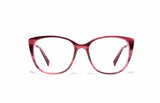 Image of Cheeterz Club eyewear. Photo of cat eye eyeglasses with clear lenses and blue light blocking technology. The frames are small width with hibiscus pink color and hues of red, suitable for square, oval, and heart shaped face shapes. These glasses can be used as reading glasses with blue light glasses.