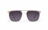 Image of Cheeterz Club eyewear. Photo of square sunglasses with gray tinted lenses. The frames are medium width with a navigator shape and a gold color, suitable for square, oval, and round face shapes. 
