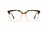 Image of Cheeterz Club eyewear. Photo of square eyeglasses with clear lenses and blue light blocking technology. The frames are medium width with a multi print of a light nude lower frame and custom laminated upper frame with colors of brown, green, grey, and gold. Suitable for round, oval, and heart shaped face shapes. These glasses can be used as reading glasses with blue light glasses.