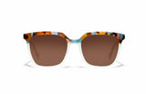 Image of Cheeterz Club eyewear. Photo of square sunglasses with brown tinted lenses. The frames are medium width with a multi print of a light aqua lower frame and a marble upper frame with colors of golden browns and various shares of aqua/ teal. Suitable for round, oval, and heart shaped face shapes. 