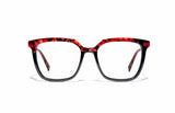 Image of Cheeterz Club eyewear. Photo of square eyeglasses with clear lenses and blue light blocking technology. The frames are medium width with a multi print of a black on the lower frame and a fierce red and black marble upper frame. Suitable for round, oval, and heart shaped face shapes. These glasses can be used as reading glasses with blue light glasses.