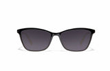 Image of Cheeterz Club eyewear. Photo of cat eye sunglasses with gray tinted lenses. The frames are medium width with a black color. Suitable for round, oval, and heart shaped face shapes. 