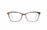 Image of Cheeterz Club eyewear. Photo of cat eye eyeglasses with clear lenses and blue light blocking technology. The frames are medium width with a cheetah print. Suitable for round, oval, and heart shaped face shapes. These glasses can be used as reading glasses with blue light glasses.