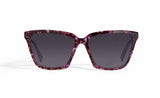 Image of Cheeterz Club eyewear. Photo of cat eye sunglasses with gray tinted lenses. The frames are medium width and black and orchid purple color. Suitable for round, oval, and heart shaped face shapes. 