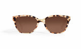 Image of Cheeterz Club eyewear. Photo of rectangle sunglasses with brown tinted lenses.  The frames are small width with tan and brown color and cat print. Suitable for round, oval, and heart shaped face shapes. 
