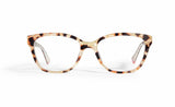 Image of Cheeterz Club eyewear. Photo of rectangle eyeglasses with clear lenses and blue light blocking technology. The frames are small width with tan and brown color and cat print. Suitable for round, oval, and heart shaped face shapes. These glasses can be used as reading glasses with blue light glasses.