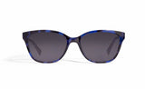 Image of Cheeterz Club eyewear. Photo of rectangle sunglasses with gray tinted lenses. The frames are small width with blue and black color. Suitable for round, oval, and heart shaped face shapes. 