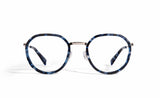 Image of Cheeterz Club eyewear. Photo of round eyeglasses with clear lenses and blue light blocking technology. The frames are small width and blue, gray, and black color and a stainless steel frame front. Suitable for square, oval, and oblong face shapes. These glasses can be used as reading glasses with blue light glasses.