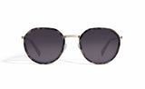 Image of Cheeterz Club eyewear. Photo of retro classic round sunglasses with gray tinted lenses. The frames are small width and gray and black color and a stainless steel frame front. Suitable for square, oval, and oblong shaped face shapes. 