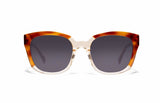  Image of Cheeterz Club eyewear. Photo of square sunglasses with gray tinted lenses.  The frames are wide width and custom laminated shades of honey, golden brown, and nude color with clear bottoms. Suitable for round, oval, and heart shaped face shapes. 