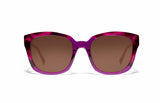 Image of Cheeterz Club eyewear. Photo of square sunglasses with brown tinted lenses.  The frames are wide width and custom laminated colors of fuchsia, mulberry, and black with purple bottoms. Suitable for round, oval, and heart  shaped face shapes. 