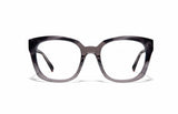 Image of Cheeterz Club eyewear. Photo of square eyeglasses with clear lenses and blue light blocking technology. The frames are wide width and custom laminated colors of black, gray, and silver with gray bottoms. Suitable for round, oval, and heart face shapes. These glasses can be used as reading glasses with blue light glasses.