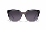 Image of Cheeterz Club eyewear. Photo of square sunglasses with gray tinted lenses. The frames are wide width and custom laminated colors of black, gray, and silver with gray bottoms. Suitable for round, oval, and heart shaped face shapes. 